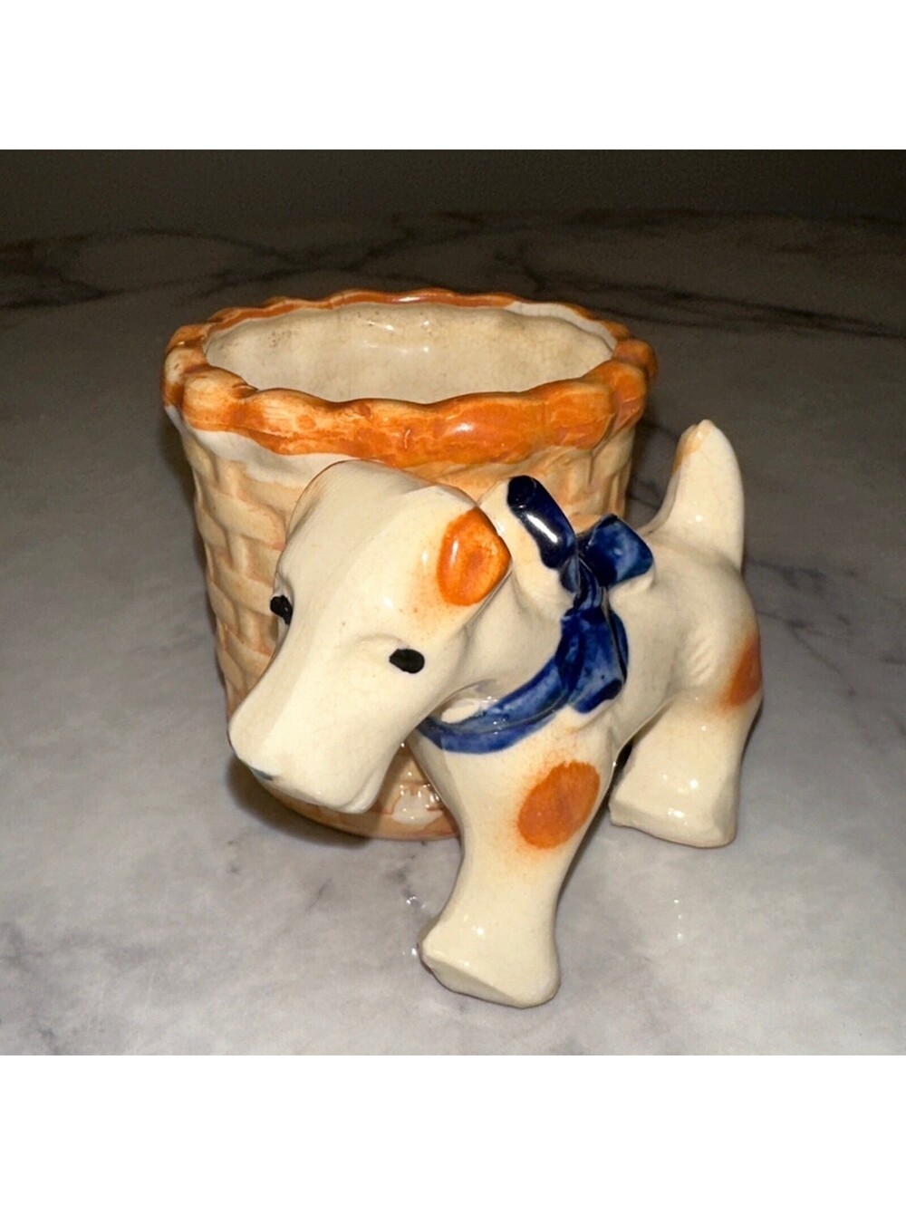 VINTAGE Terrier Dog Basket Ceramic Hand Painted Japan 1950s Pen Cup Planter
